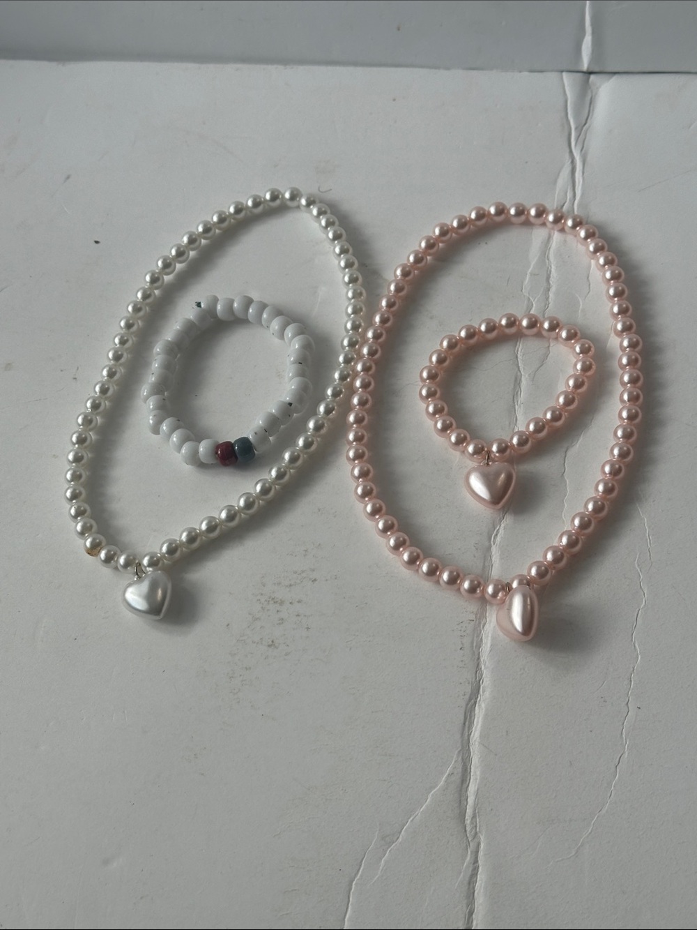 Pearl Heart Bead Necklace and Bracelet Set - White and Blush Pink